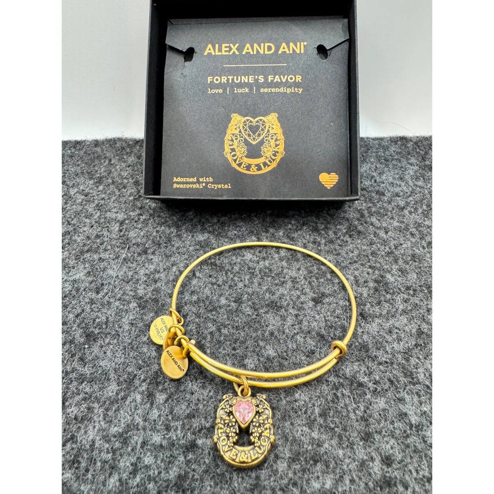 Alex and Ani Fortunes Favor Love & Luck Horseshoe Bangle Gold Pink Crystal